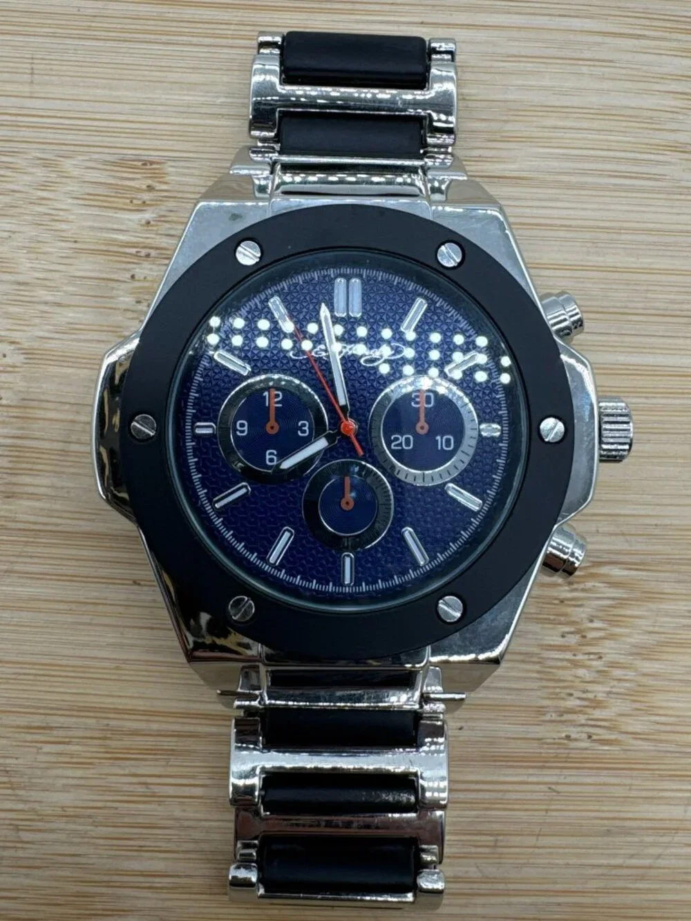 Ed Hardy Men's Silver Tone Bracelet Watch Blue Dial Black Bezel Quartz